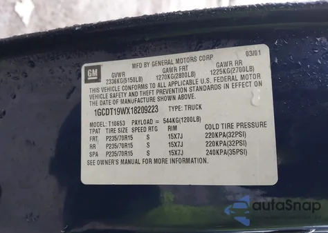 2001 Chevrolet S-10 from USA, damaged, VIN 1GCDT19WX18209223